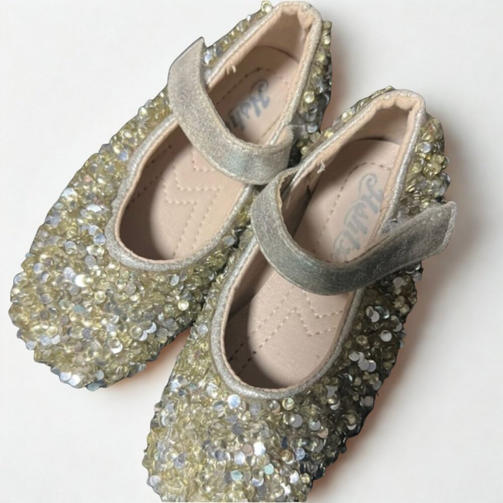 HSHTX sequin princess leather silver ballet flats with hook and loop ankle strap